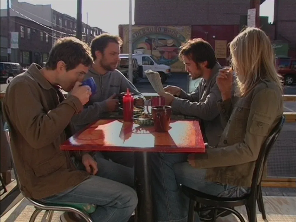 Still from It's Always Sunny S01E01: The Gang at breakfast