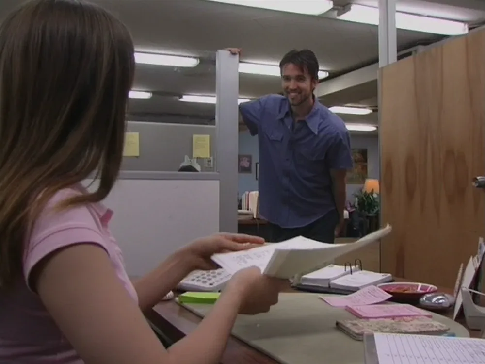 Still from It's Always Sunny S01E02: Mac at the anti-abortion office