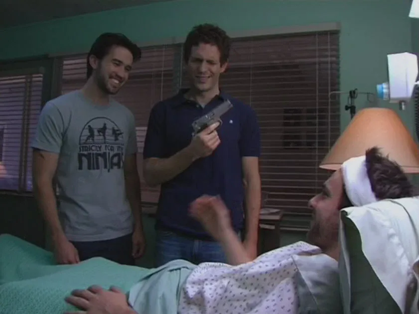 Still from It's Always Sunny S01E05: Mac, Dennis and Charlie at the hospital