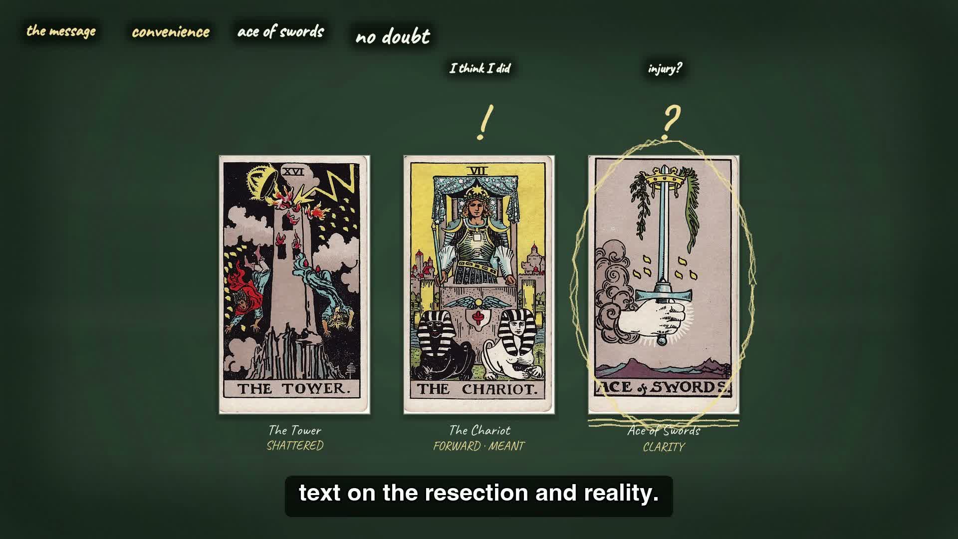 The Tower, The Chariot, Ace of Swords with names and chips